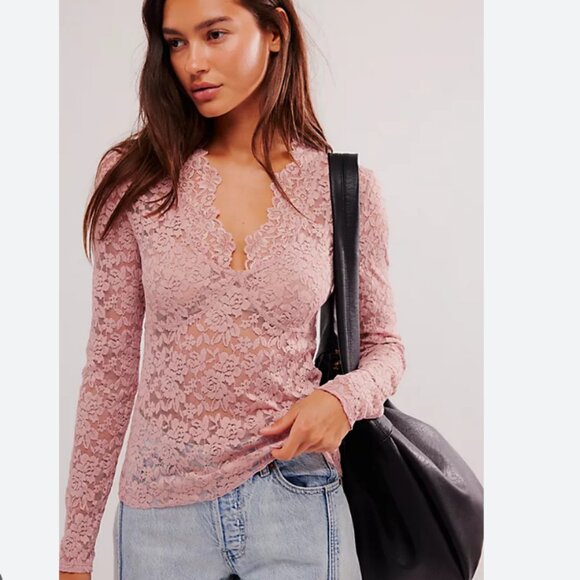 NWT FREE PEOPLE ALL DAY LACE LONG SLEEVE TOP Pale Mauve XS - Picture 3 of 14